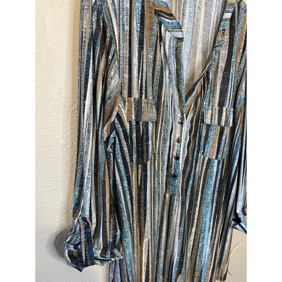 Ava & Grace Boho Retro Brown & Blue Striped Roll Tab Sleeve Half Button Top 1X - Picture 8 of 11